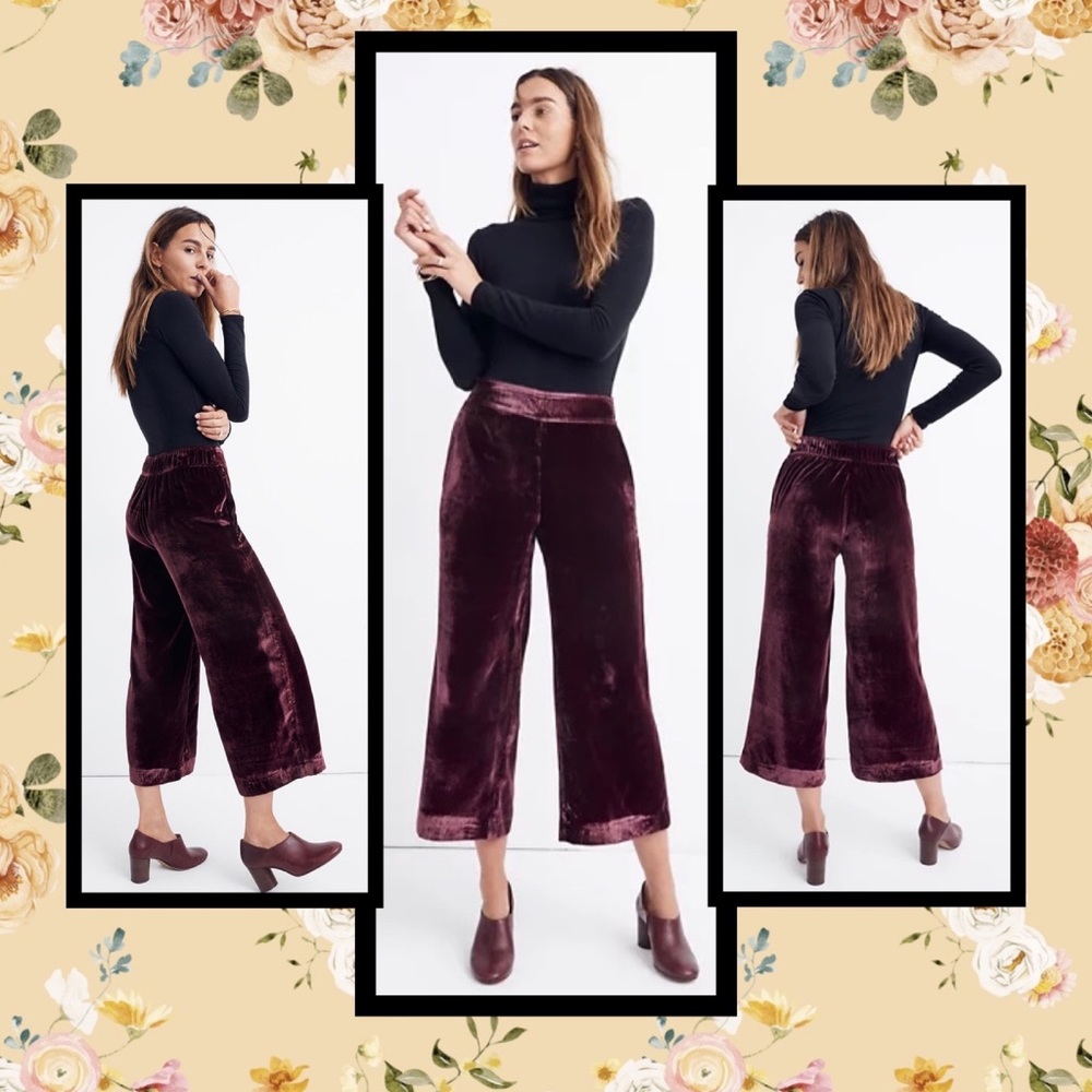 MADEWELL Velvet Huston Pull-On Crop Pants Wide Leg Burgundy Size Small S